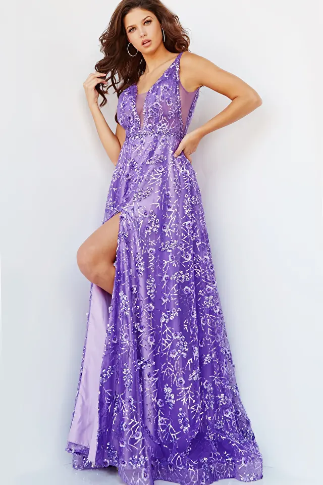 jovani Jovani 08422 Purple Floral Embroidered A Line Prom Gown